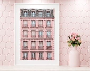 Pink Paris wall art print, Paris apartment balcony view, pink house, Paris photography, architecture print, Paris pink bedroom wall decor