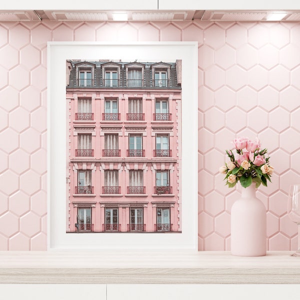 Pink Paris wall art print, Paris apartment balcony view, pink house, Paris photography, architecture print, Paris pink bedroom wall decor