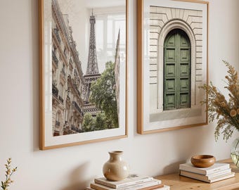 Paris Eiffel Tower Prints Set of 2, Sage Green Door Wall Art, Cream Neutral French City Architecture Photography