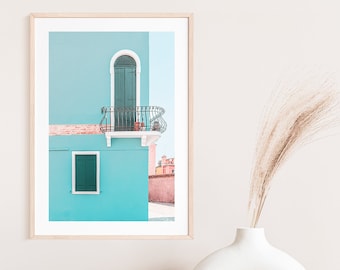 Burano Italy colourful houses, Venice blue house print, Venice Italy travel photography, Burano poster, turquoise art print
