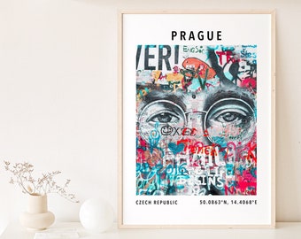 John Lennon Wall graffiti wall art, Travel poster print of Lennon street art, modern graffiti poster, Prague city art print, gps coordinates