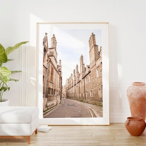 May include: A framed print of a narrow street lined with historic stone buildings. The buildings have multiple chimneys and windows. The street is paved with asphalt and has yellow lines. The print is displayed on a wooden floor, with decorative pottery and a plant in the foreground.