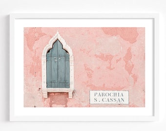 Gothic window wall art, Venice Italy print, pastel pink wall art, Italy window photography, pink green house, Italy architecture