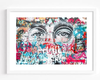 Graffiti wall art, John Lennon Wall street art, Prague photography print, landscape Czech Republic travel poster, Beatles art