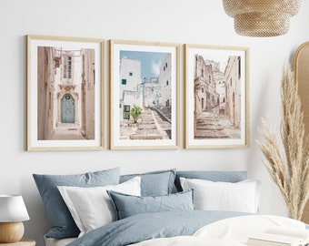 Italy print set of 3, Puglia prints, Puglia 3 piece wall art, neutral gallery set, Italy travel photography, Italy village prints