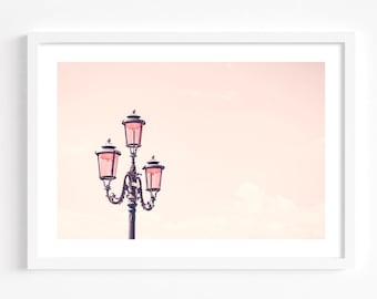 Venice print, pink Italy wall art, Street lamp travel photography, Venice Italy poster, pastel art, large landscape, girl room decor