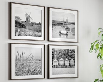 Norfolk kustfotografieset - Wells Beach Huts, Cley Windmill, Blakeney Harbour, zwart-wit kustgalerij kunst aan de muur
