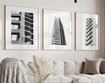 London Architecture Print Set of 3 – Brutalist Wall Art, Black & White Urban Photography, Modern Minimalist London Prints, Barbican photos