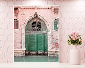 Venice green door photo, Italy wall art, downloadable Venice print, canal green door, pink and green wall art, Italian gothic architecture