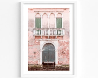 Venice Italy print, Pink and green house print, travel poster, Venice colourful wall art, Italy poster, Italy architecture, green shutters