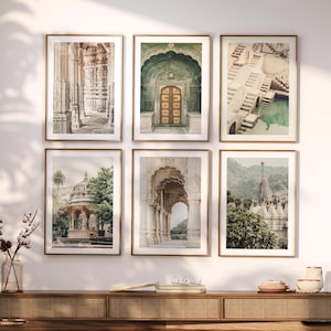 Set of 6 Indian Architecture Prints, Rajasthan Wall Art, Stepwells, Temples, Palaces, Neutral sage green Travel Photo Gallery Wall Decor