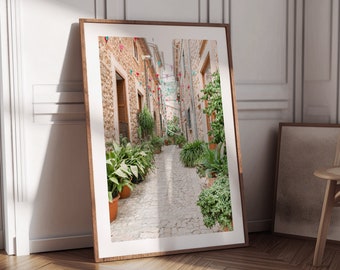 Mallorca print, Spain alley poster, Spanish village print, Potted plants, Old town Mallorca wall art, Spain print, Mediterranean Spain art