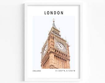 Big Ben wall art, London print, Westminster London travel poster, architecture print, London gps coordinates, London gift