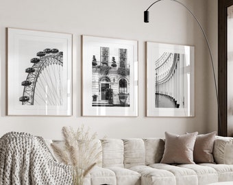 Black and white London prints, Minimalist London architecture wall art, London gallery wall set, London Eye, Bloomsbury London house decor