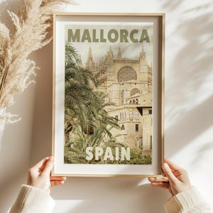 Vintage Mallorca Travel Poster – Palma Cathedral Spain Print, Warm Neutral Mediterranean Wall Art, Retro  Spanish poster, Spain architecture