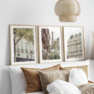 Paris set of 3 prints, Eiffel Tower and Parisian architecture, neutral toned Paris wall art, Paris posters gallery wall set