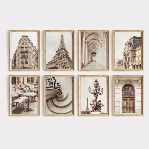 Parisfotografitryck, set med 8 - Neutral fransk arkitektur, väggkonst med Eiffeltornet