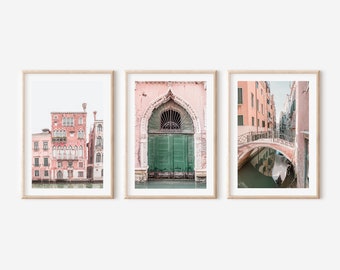 Venice Wall Art Set of 3 - Pink Venice Canal Prints, Italian Architecture Photography, Romantic Travel Decor, Soft Gallery Wall Set