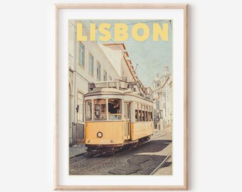 Lisbon Travel Poster, Vintage Yellow Tram Print, Retro Urban Scene, Portugal Travel Wall Art