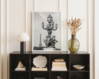Paris Photography Print - Eiffel Tower, Pont Alexandre III Bridge, Black and White Parisian Architecture Wall Art