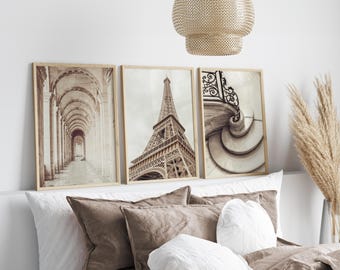 Neutral Paris Print Set of 3: French Architecture Photography, Eiffel Tower, Louvre, Rodin Travel Gallery (Digital Download)
