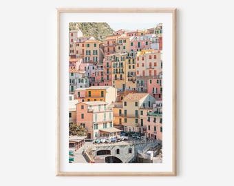 Manarola Cinque Terre Print, Italian Coastal Wall Art, Pastel Houses Poster, Mediterranean Travel Art