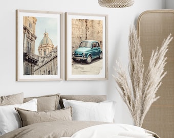 Conjunto de láminas de Palermo, Sicilia. Foto de un Fiat 500 vintage. Arte mural italiano. Póster siciliano. Láminas de viajes a Italia.