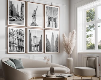 New York Wall Art Set of 6 – Black and White Architecture Photography, Minimalist NYC Prints, Urban American Gallery Decor
