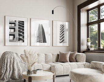 Set of 3 London Brutalist Wall Art Prints - Barbican Architecture Photography, Minimalist Urban Posters, Mid Century Modern Home Decor.