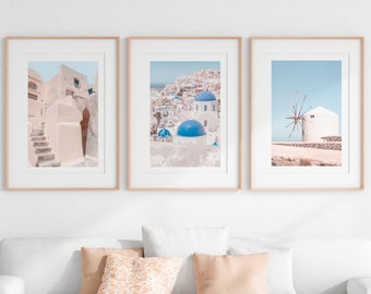 Santorini wall art set of 3 prints, Greece gallery set, Pastel Santorini print set, blush pink photo set, Greece traveler gift prints