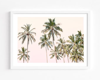 Pink tropics palm trees, pastel sunset print, boho tropical print, palms, blush pink summer landscape, Coastal tropical palm tree poster