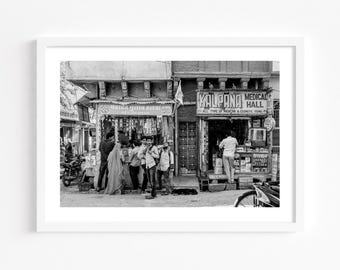 Indian Street Photography - Jodhpur Rajasthan print, zwart-wit foto voorkant winkel, reizen muurkunst