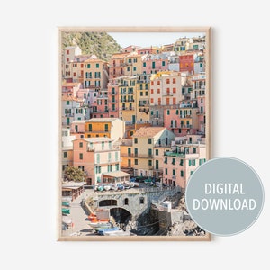 Manarola Cinque terre print, Italy coastal wall art, Mediterranean printable, pastel Cinque terre poster, Italy photography, colourful house