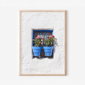 Pode incluir: Impressão emoldurada de uma janela azul com dois vasos azuis cheios de rosas vermelhas e rosas. A janela está situada numa parede branca texturizada. A impressão está numa moldura de madeira clara.