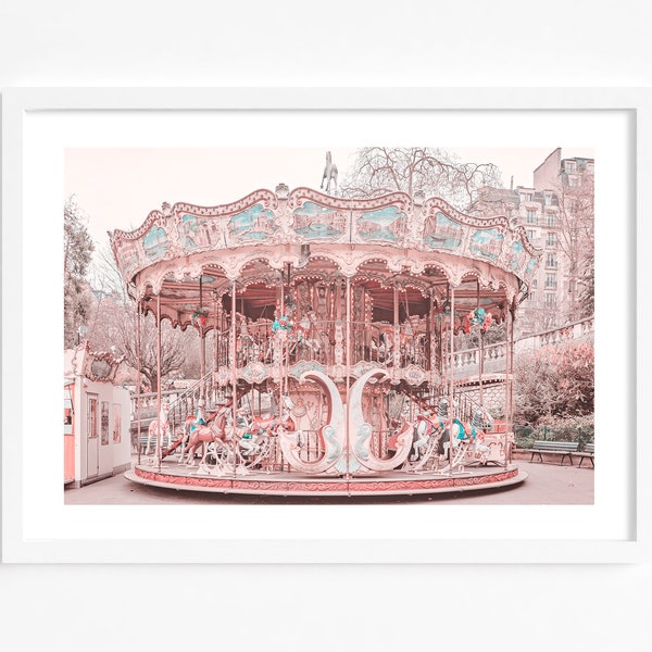 Pink Paris carousel print, Merry go round photography, Paris carousel at Sacre Couer, pink toned vintage Paris poster, Girls nursery decor