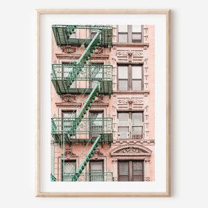 Artful New York wall art print, New York apartment building fire escape, Manhattan New York travel poster, Pink and green New York print