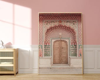 Pink Indian Wall Art, Pastel Jaipur Palace Door print, Lotus Gate Print, Mughal Architecture Floral Art (Digital Download)