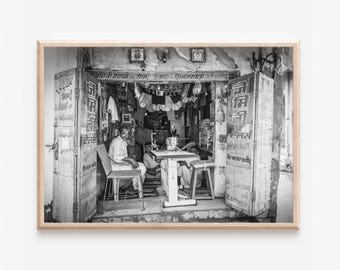 Indian Wall Art - Rajasthan Tailor Shop Photography, Black and White India Street Print, Cultural Travel Decor