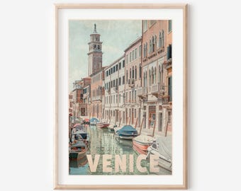 Venice Travel Poster – Vintage Venice Canal Wall Art Print, Retro Italy Photography, Gallery Wall Photography, Pastel European Travel Art