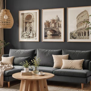 set of 3 neutral toned photography prints of Rome Italy featuring the Trevi Fountain, The Colosseum and St Peters Basilica