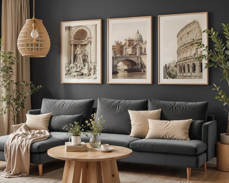 set of 3 neutral toned photography prints of Rome Italy featuring the Trevi Fountain, The Colosseum and St Peters Basilica