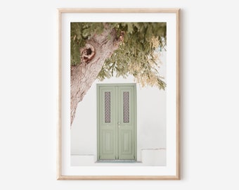 Green door print, Greece boho sage green door photo, Mediterranean style wall art, Paros village, Mykonos travel print, sage green decor