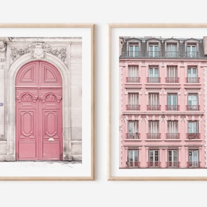 Pink Paris wall art set, pink door photo, Paris apartment prints, Paris pink house prints, Parisian architecture, Paris poster gift for her