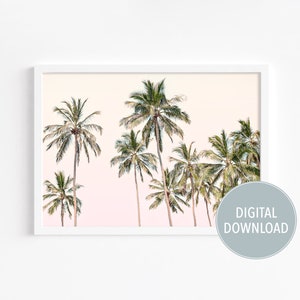 Pastel sky palm tree print, pink sunset coastal girly beach wall art, digital wall art, boho summer wall art, tropical palm tree poster,