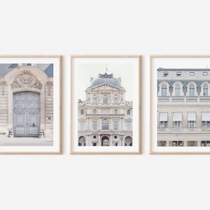 Paris set of 3 prints, Paris wall art, Neutral toned Paris photo gallery set, Paris door print, The Louvre architecture, Paris poster set