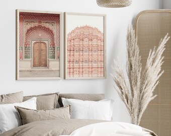 Jaipur Pink Palace Wall Art Set of 2 – Hawa Mahal, Indian Palace Door Prints, Pink Rajasthan Architecture Photography (Digital Download)