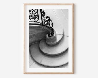 Paris Photography - Black & White Rodin Museum Spiral Staircase Print, Minimalist Parisian Architecture Wall Art