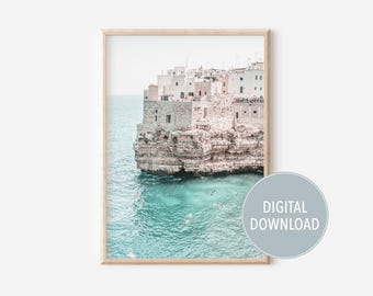 Polignano a Mare Italian Coastal Wall Art,  Puglia Mediterranean Photography Print, Boho Summer Printable Decor
