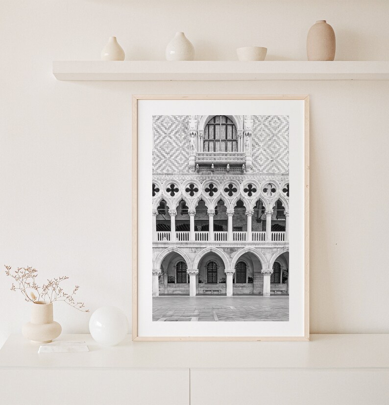 Venice Italy print, Venice wall art, Doges Palace Gothic architecture, black and white photo, Italy travel poster, Italy photography image 2