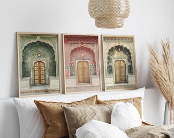 Jaipur Palace Door Prints Set of 3, Boho Earthy Indian Wall Art, Peacock Gate, Muted Rajasthani Architecture Photography, Gallery Wall Set
